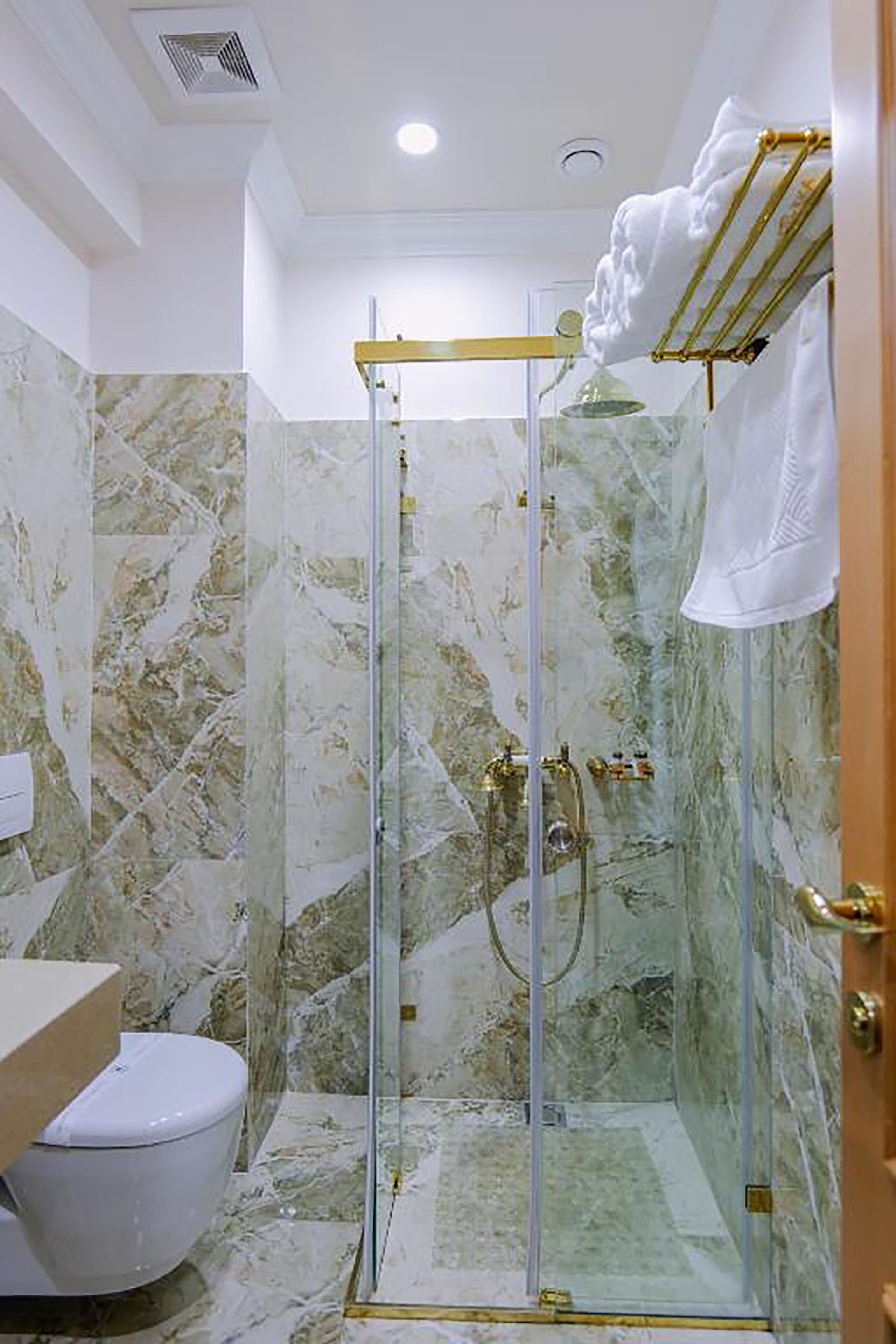 A bathroom with a glass-enclosed shower, marble walls, a toilet, and a towel rack.
