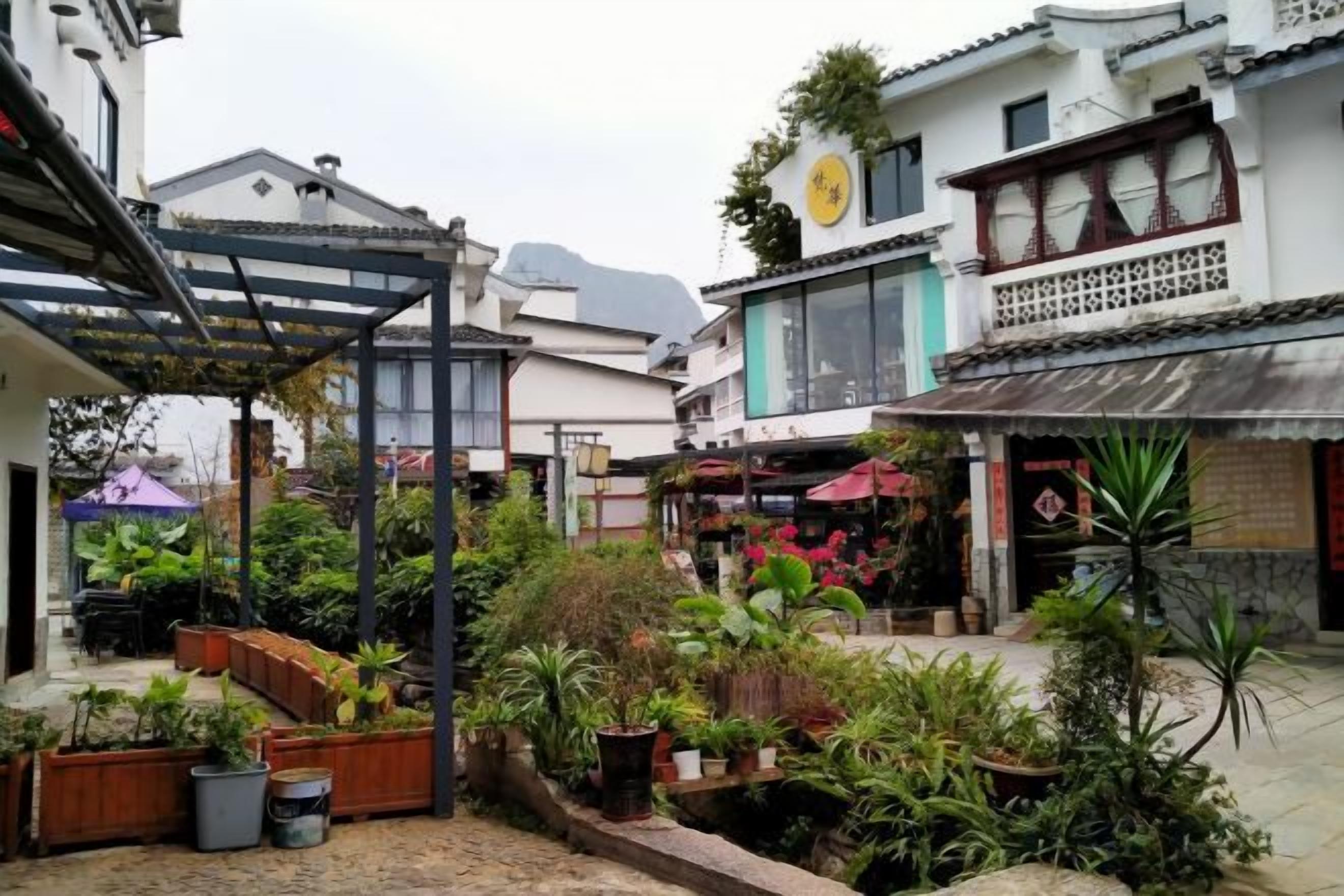 Une cour agrémentée de plantes en pot, d’une pergola et de divers bâtiments présentant différents styles architecturaux.