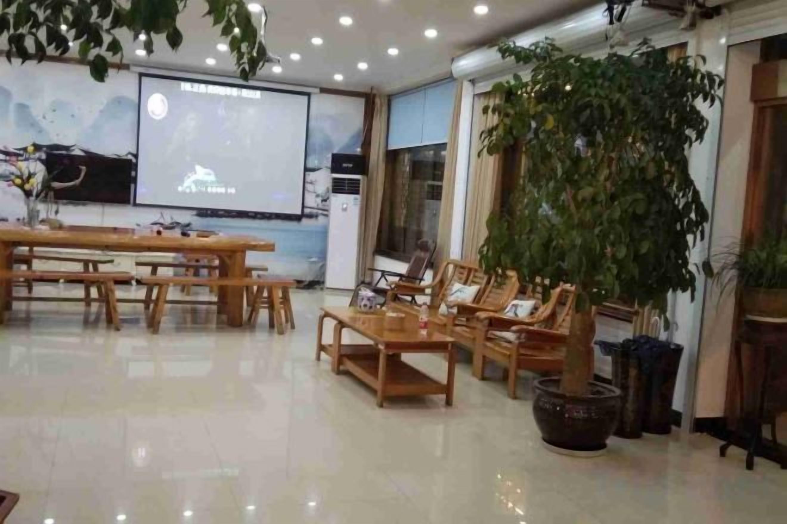 A spacious room with a large screen, wooden furniture, and a potted plant.