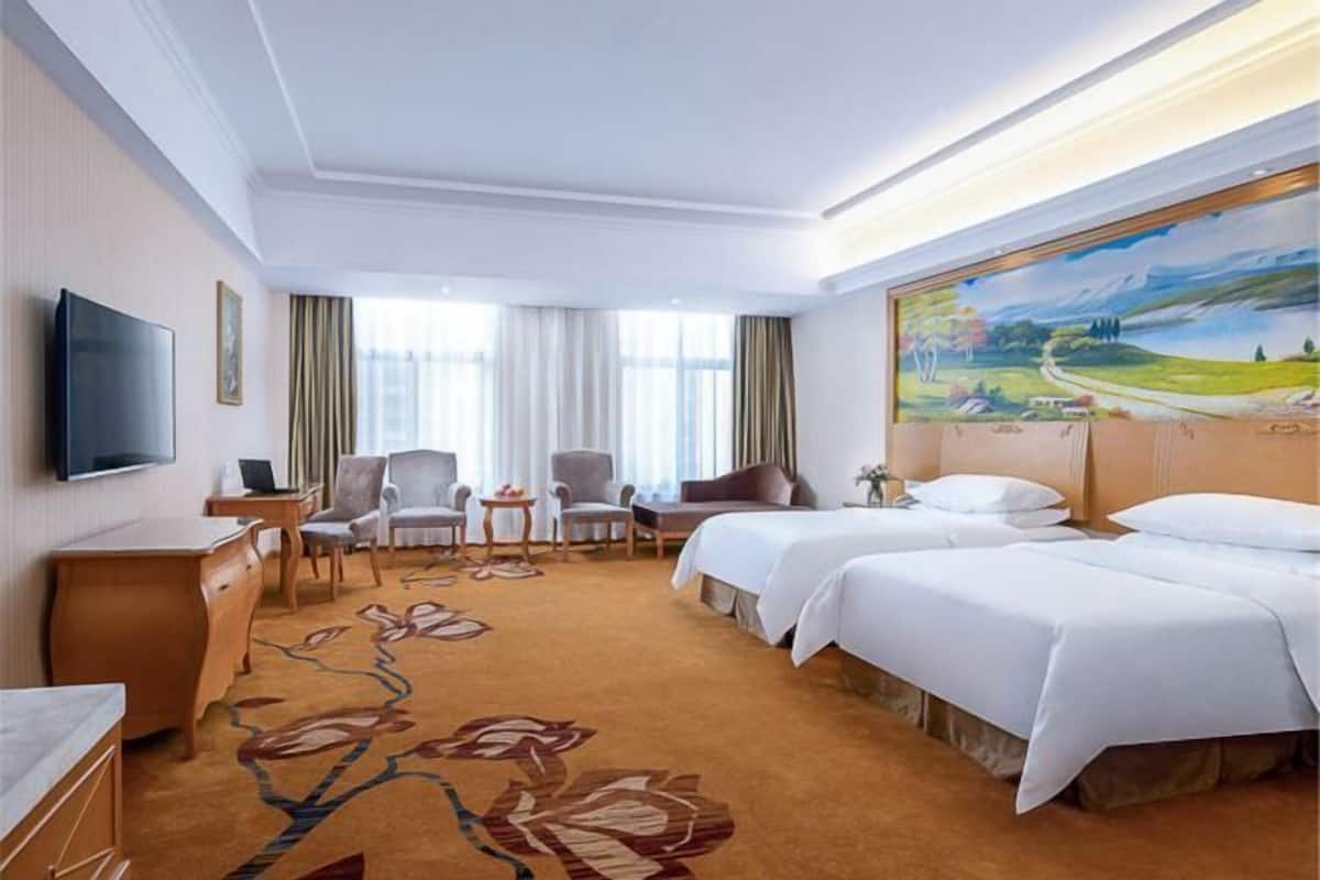 Habitación de hotel con dos camas, un escritorio con computadora, un televisor y un cuadro en la pared.