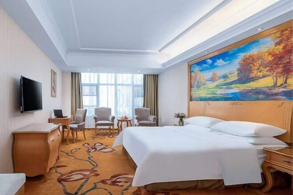 Habitación de hotel con una cama grande, un escritorio con computadora, un televisor y un cuadro de un paisaje en la pared.