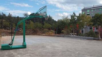 Una cancha de baloncesto al aire libre con un aro de baloncesto verde.