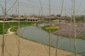 Ein Fluss mit einer Brücke, umgeben von Feldern und Gebäuden.