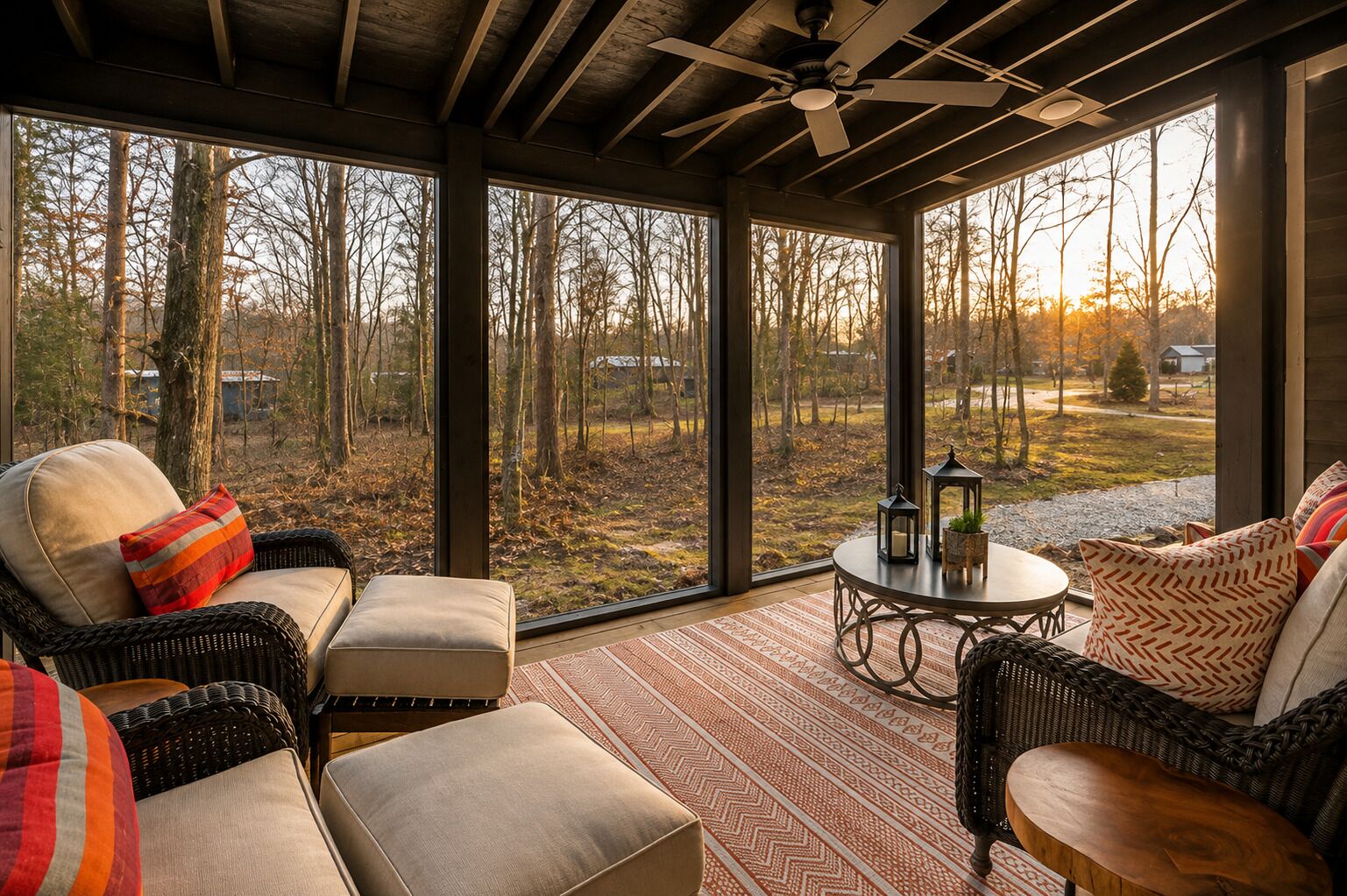 A spacious room with large windows, wicker furniture, and a ceiling fan.