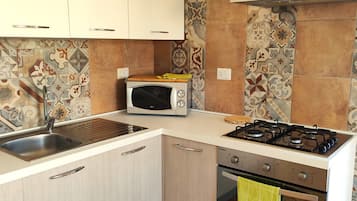 Een koelkast, een magnetron, een oven, een kookplaat