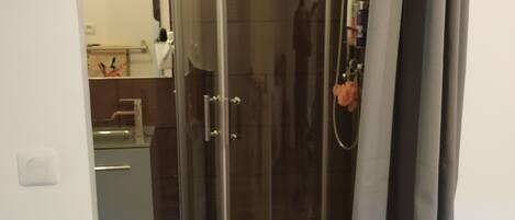 A glass-enclosed shower stall with a curved design, a small sink, and a towel rack.