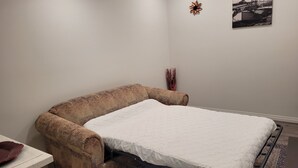 A bedroom with a single bed, a brown couch, a small table, and a wall-mounted picture.