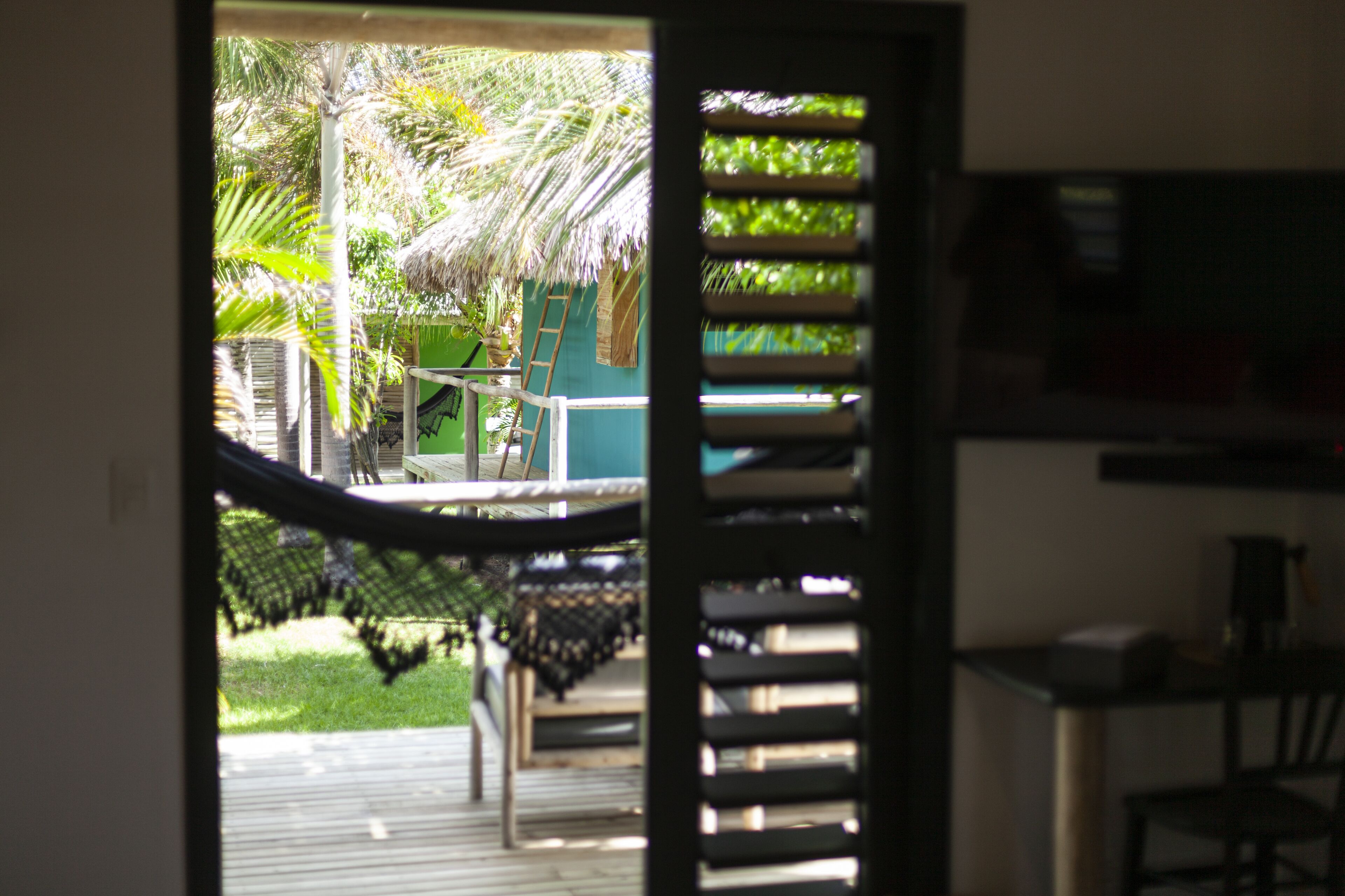 An outdoor area with a hammock, a thatched-roof structure, and a pool.