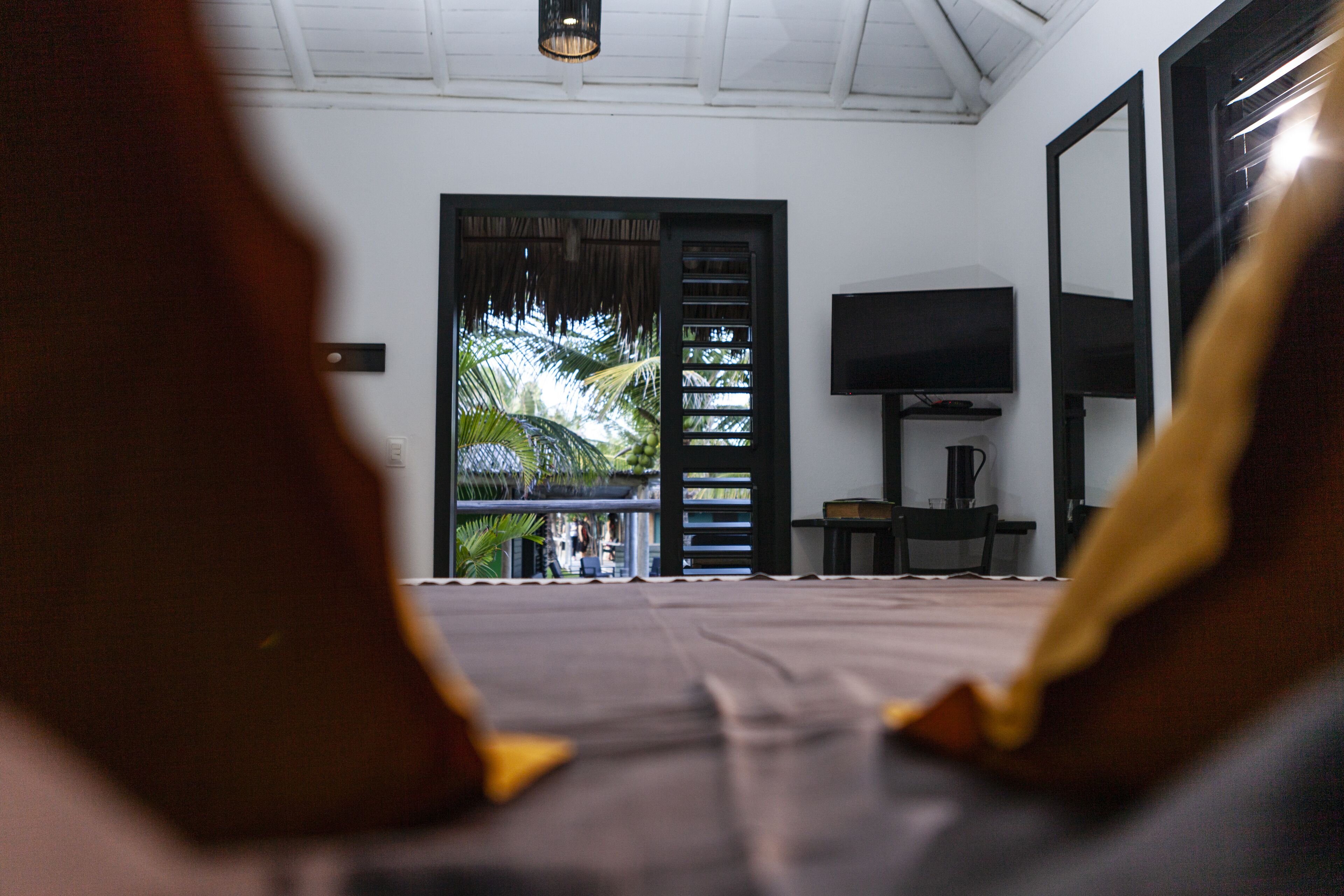 Une chambre avec un lit, une télévision et une vue sur les palmiers, visible à travers une porte.
