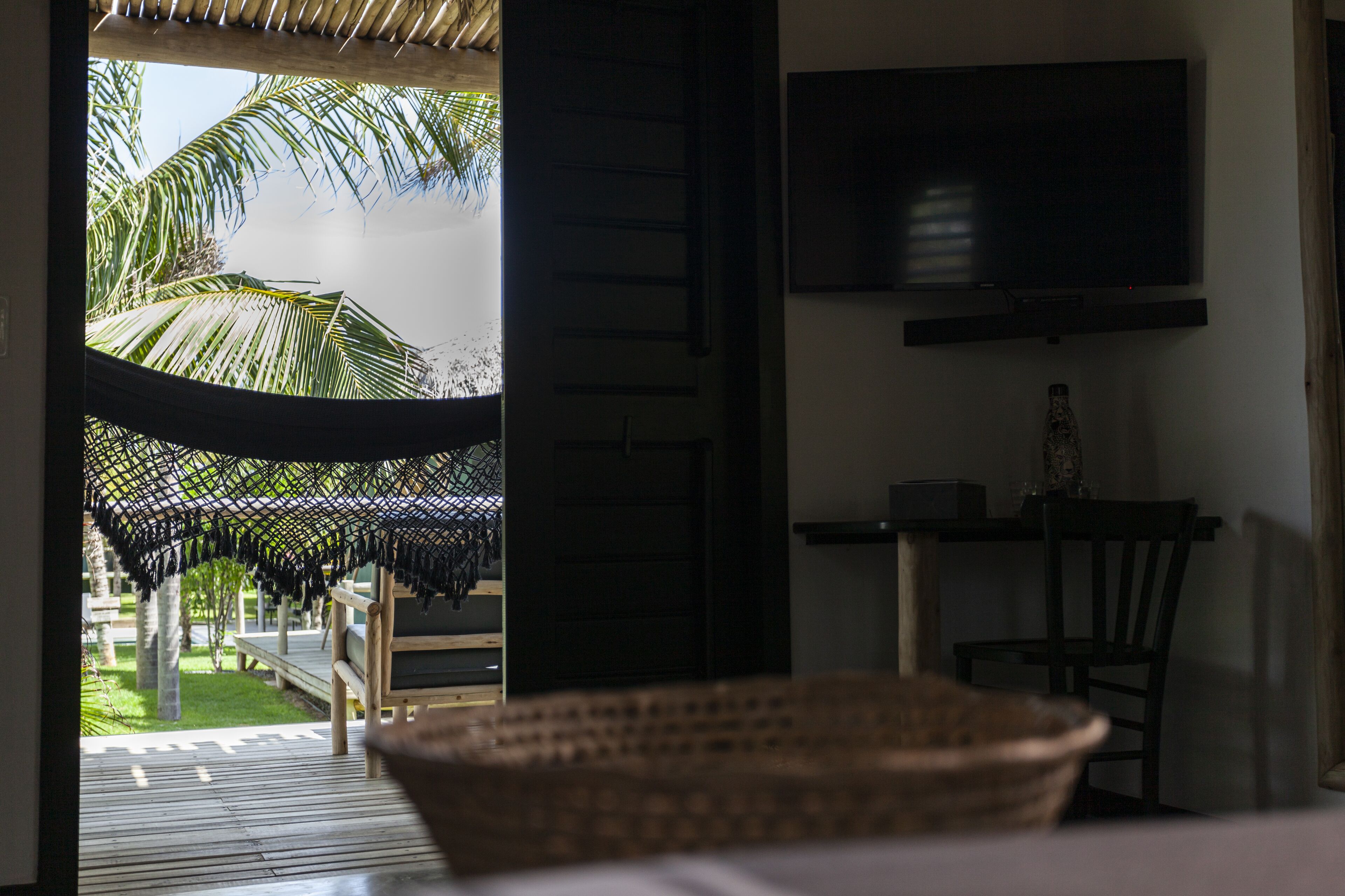 Una habitación con una televisión montada en la pared, una silla de mimbre y vista a una palmera afuera.