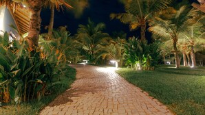 A paved pathway flanked by palm trees and tropical plants, leading to a building with a thatched roof. - Hotel VilaVeraTheresa  (Fortim)