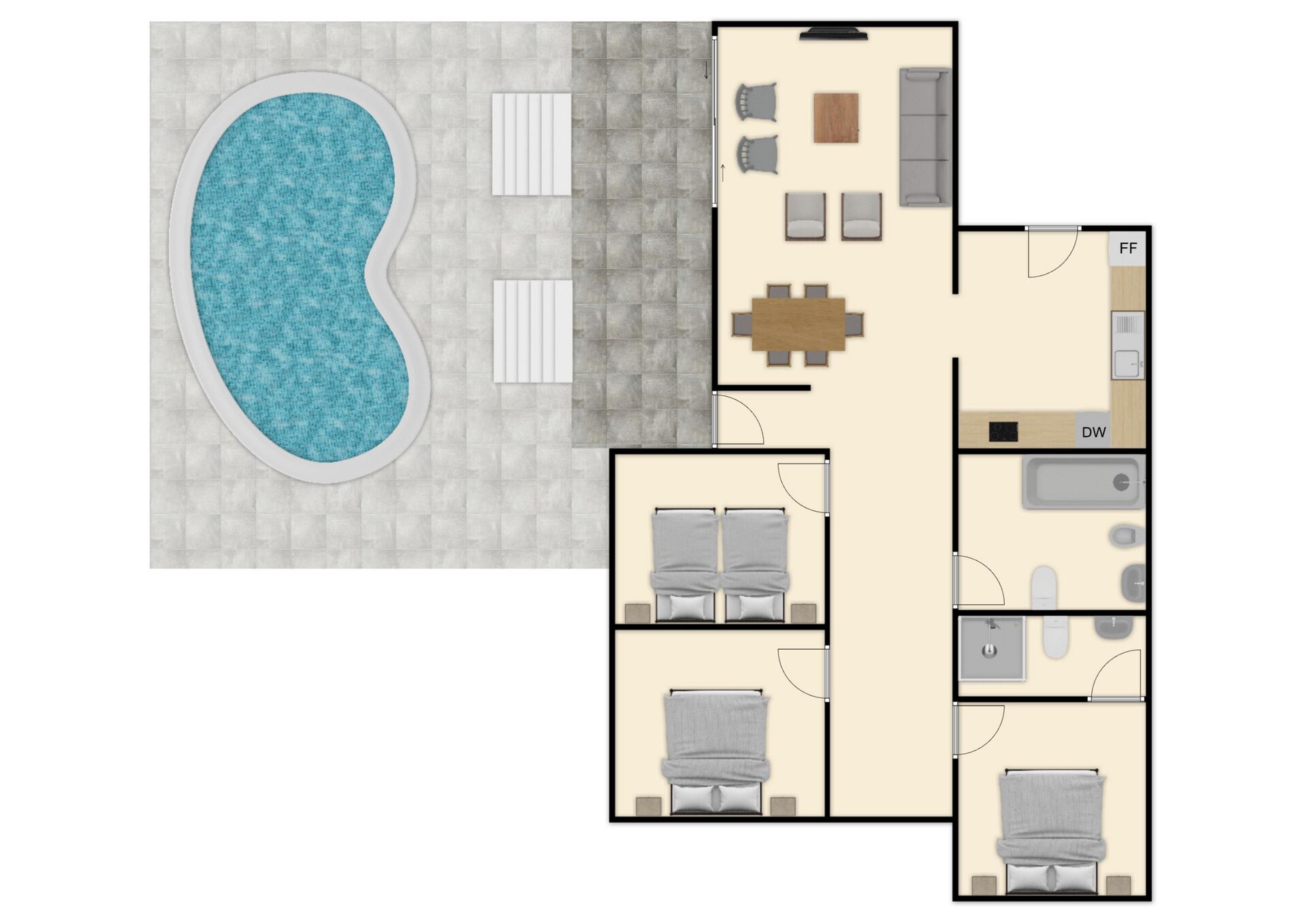 A hotel layout with a swimming pool, two bedrooms, a bathroom, a dining area, and a living room.