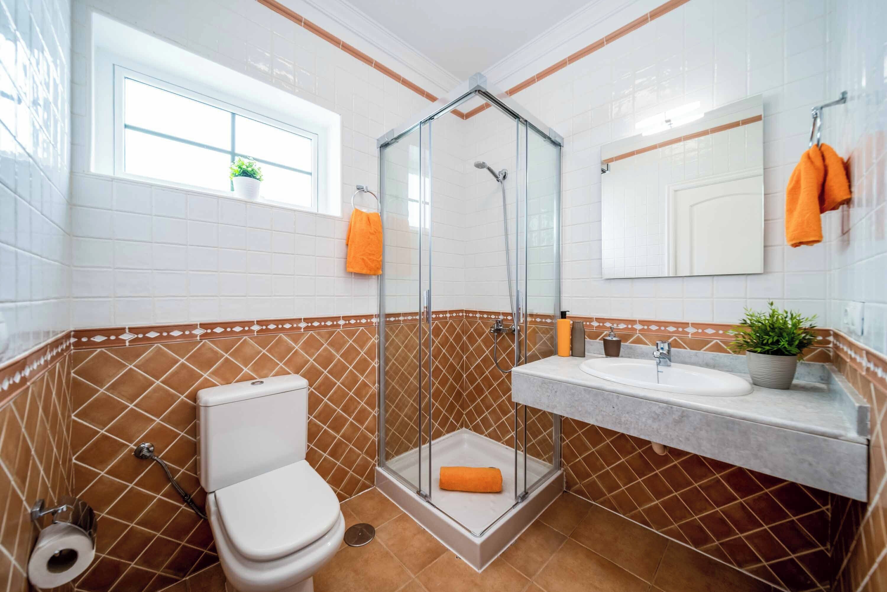 A bathroom with a glass-enclosed shower, a toilet, a sink with a mirror, and a window with a plant.