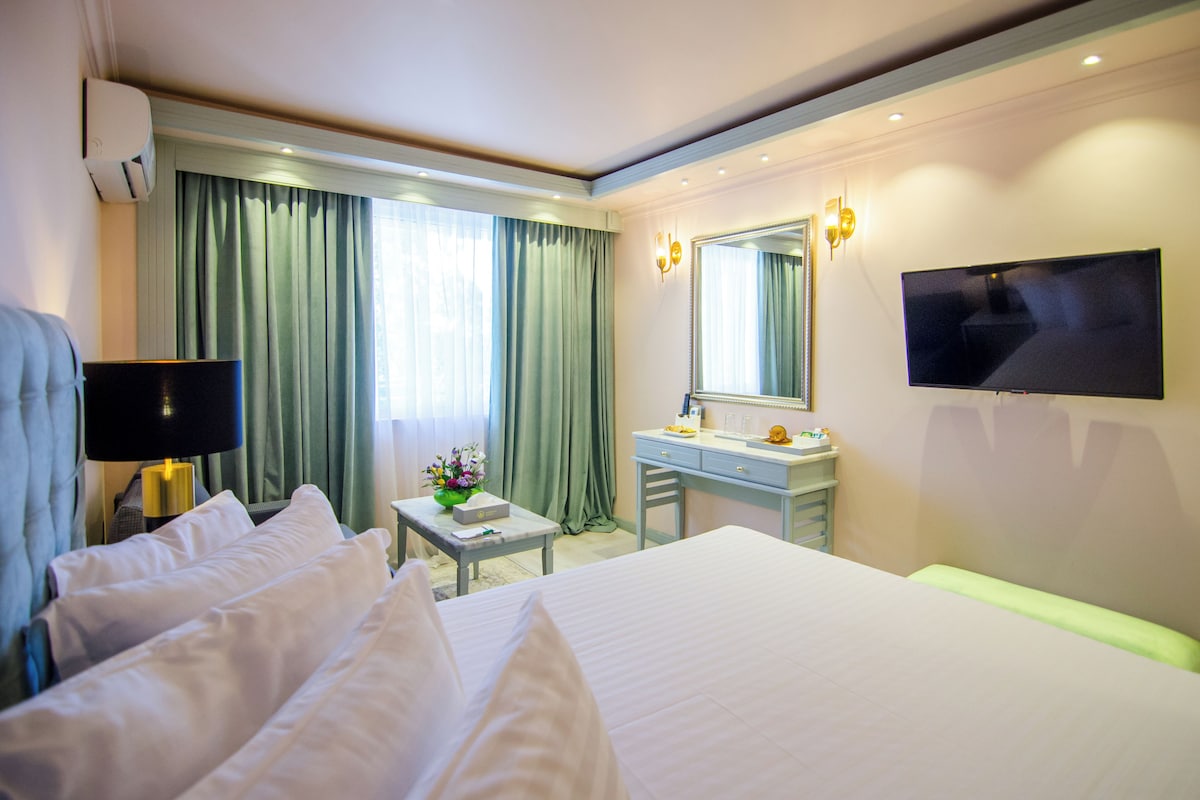 Een hotelkamer met een bed, een bureau, een spiegel en een televisie.