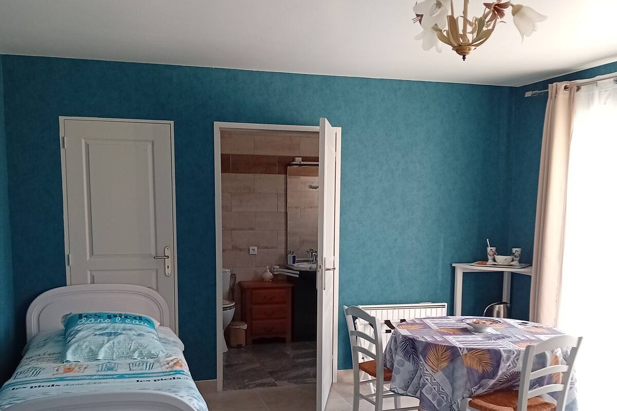 A bedroom with a bed, a table with chairs, a bathroom visible through an open door, and a chandelier.