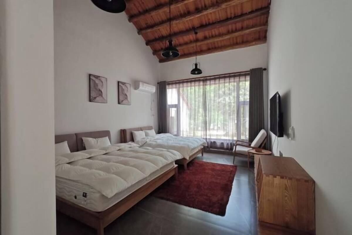 Une chambre avec deux lits, une tête de lit en bois, un tapis rouge, une table de chevet en bois et un téléviseur fixé au mur.