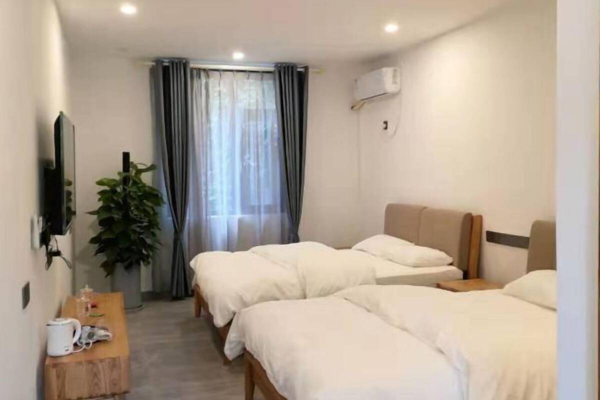 Une chambre d’hôtel avec deux lits, une télévision, une plante et un appareil de climatisation.