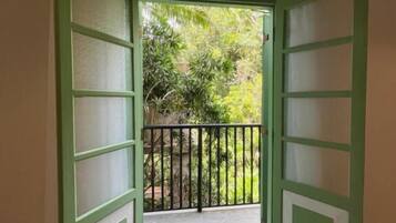 A green-framed door leading to a balcony with a black railing.