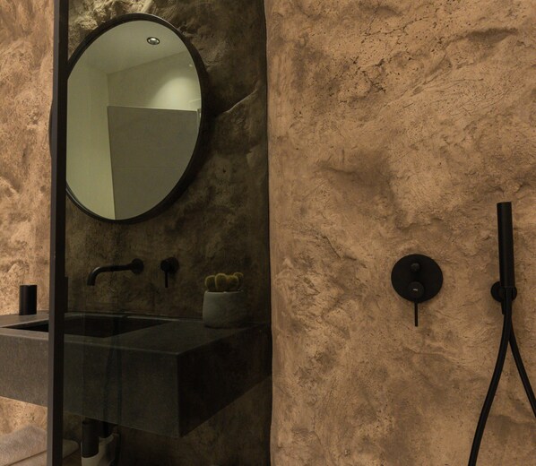 A bathroom with a round mirror, a sink, a small cactus plant, and a black handheld showerhead mounted on the wall.