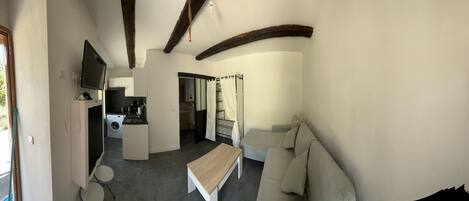 A compact living space with a kitchenette, a dining area, and a sofa.