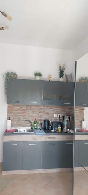 Fridge, microwave, stovetop, coffee/tea maker