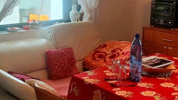 TV, caminetto, lettore DVD, libri