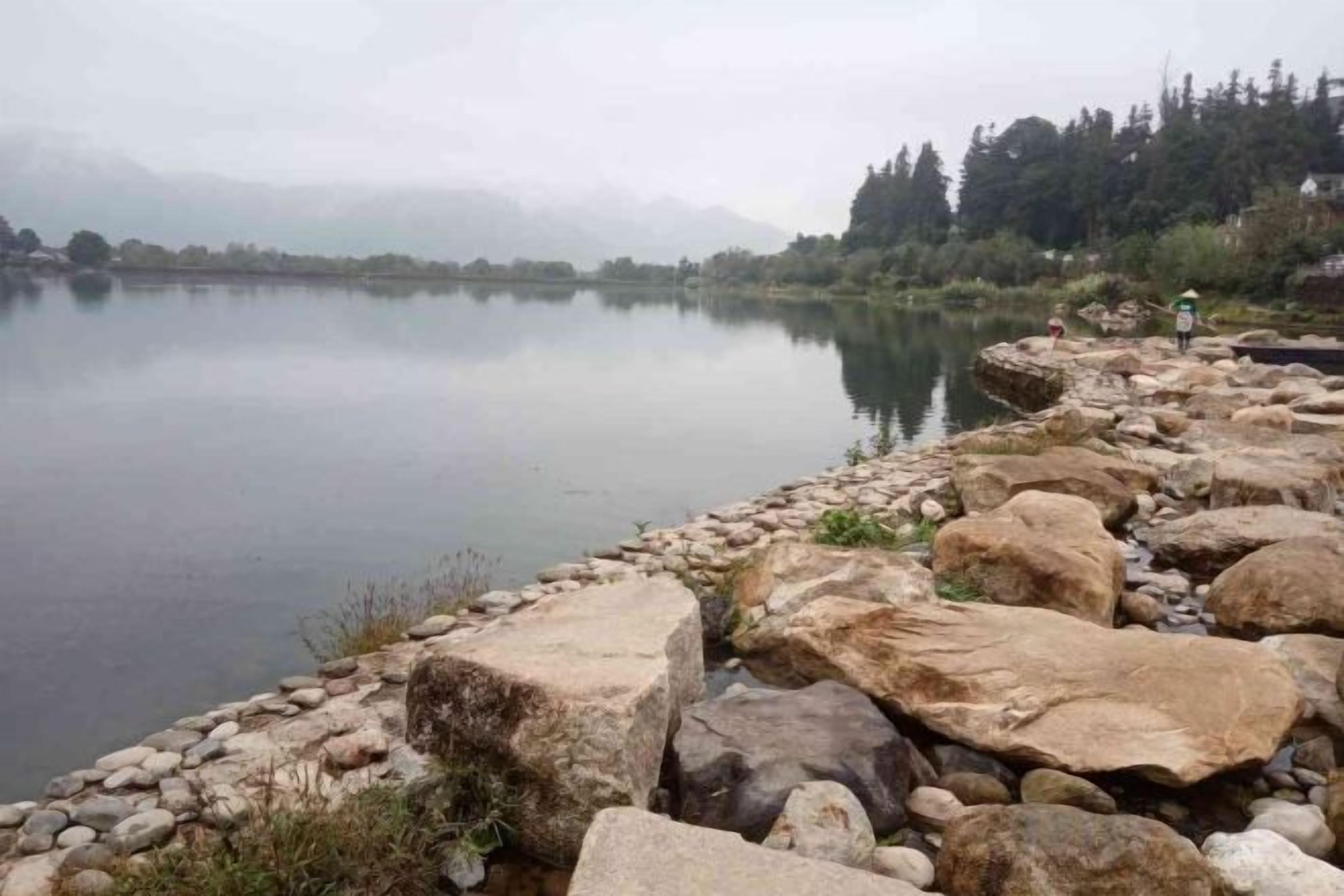 Ein ruhiger See mit steiniger Uferlinie und einem bewaldeten Berg im Hintergrund.