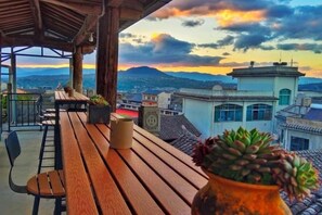 Terraza de madera con una planta en maceta, con vistas a un paisaje urbano que incluye edificios y montañas.
