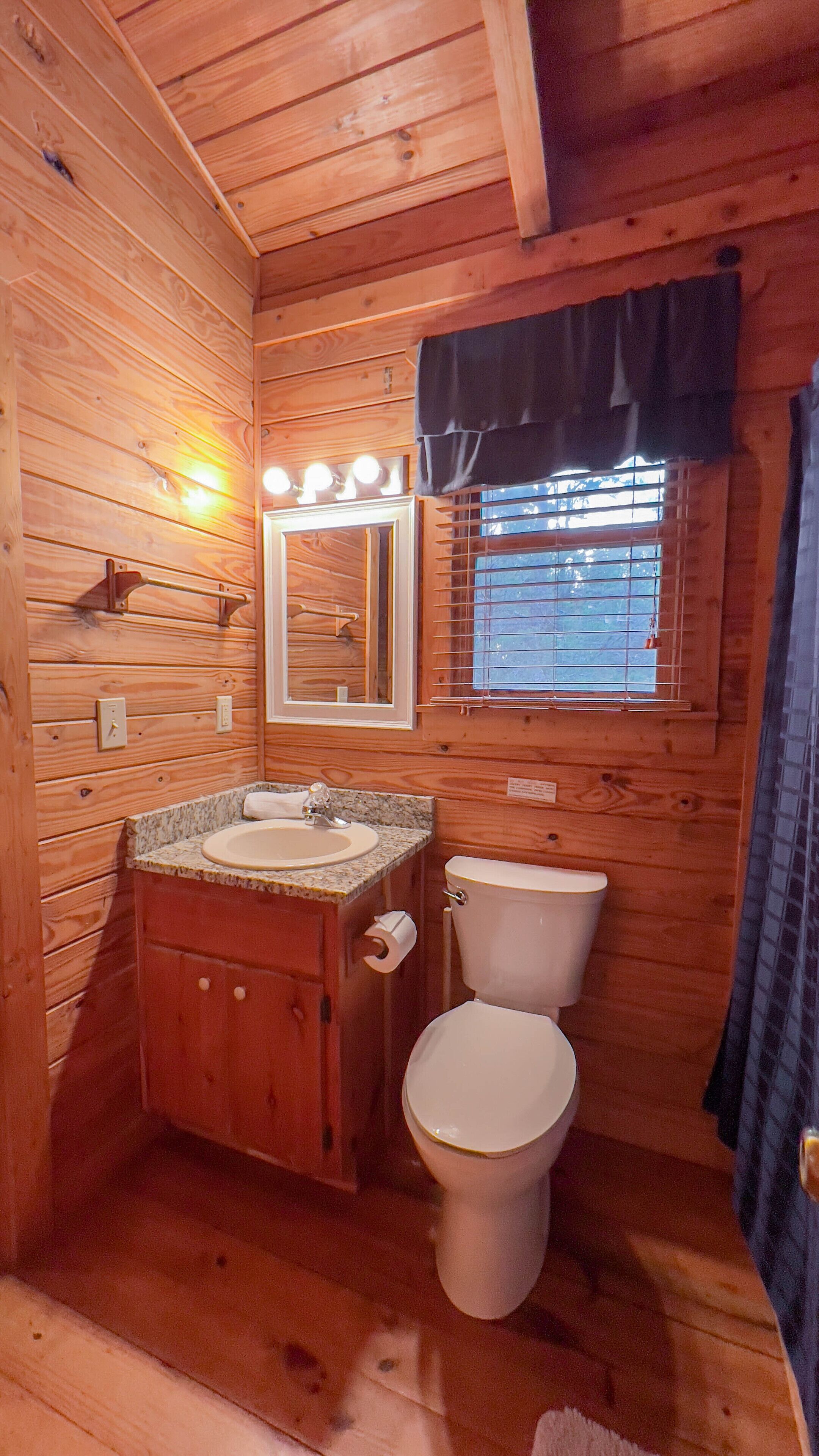 Ein Badezimmer einer Holzhütte mit Waschbecken, Spiegel und Toilette.