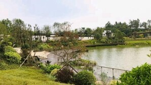 A serene lakeside setting with a bridge, lush greenery, and buildings in the background. - Jintone Hotel (Nanning Xianhu) (Nanning)