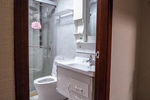A modern bathroom with a glass shower enclosure, a white toilet, and a vanity with a mirror and sink.