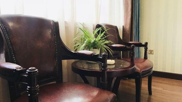 Una habitación con dos sillones de cuero, una mesita redonda con una planta en maceta y una ventana con cortinas.