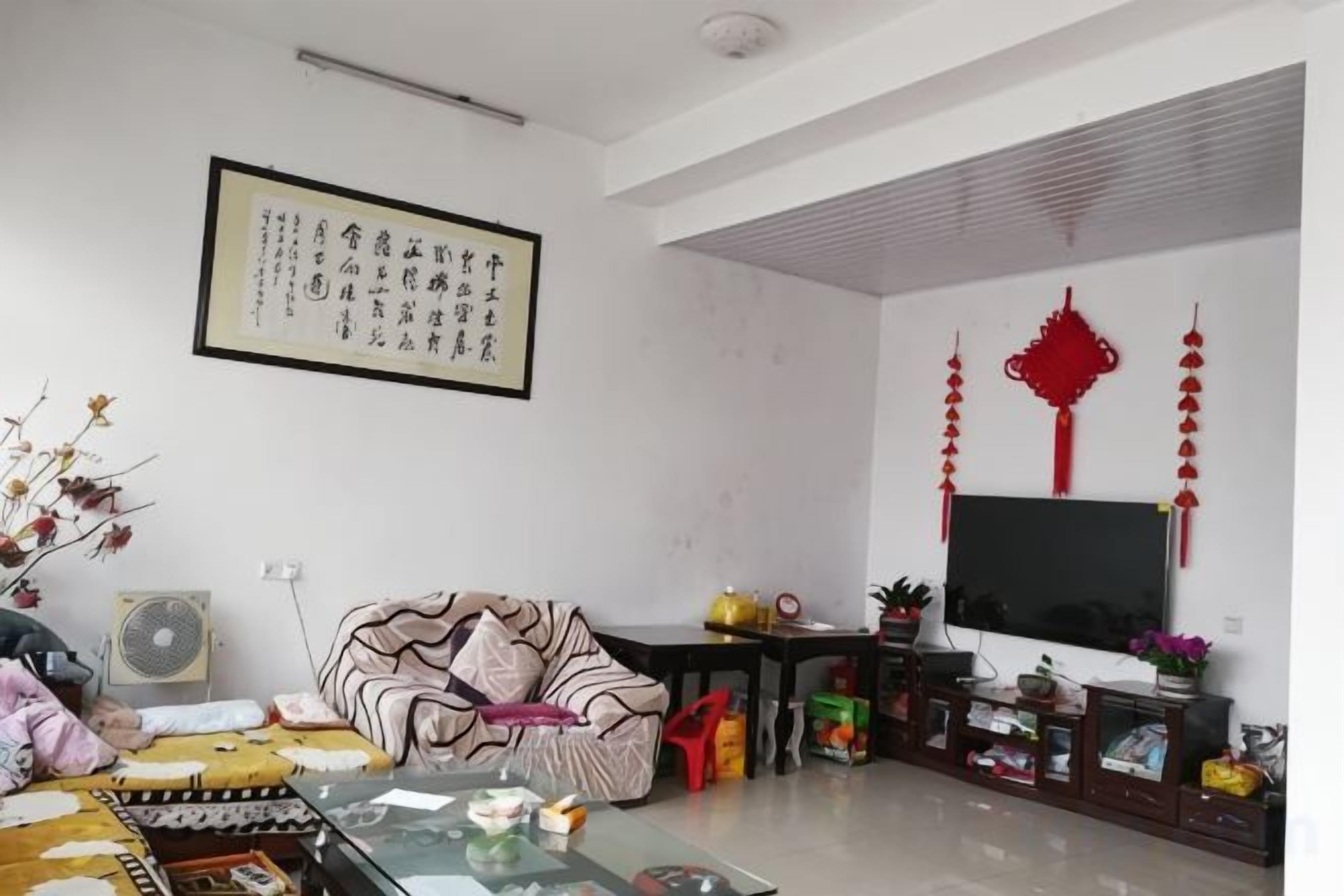 A living room with a sofa, a coffee table, a flat-screen TV, and decorative items.