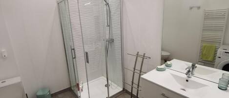 A modern bathroom with a glass-enclosed shower, a white sink with a mirror, and a toilet.