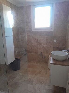 Douche, sèche-cheveux, serviettes fournies, papier toilette