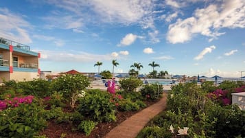 A resort with a pool area, palm trees, and a pathway lined with flowers.