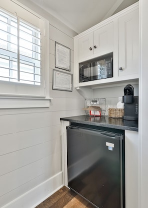 Mini-fridge, microwave, coffee/tea maker, eco-friendly cleaning products