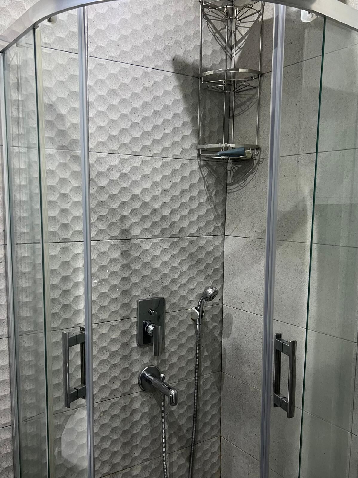 Shower, rainfall showerhead, hair dryer, slippers