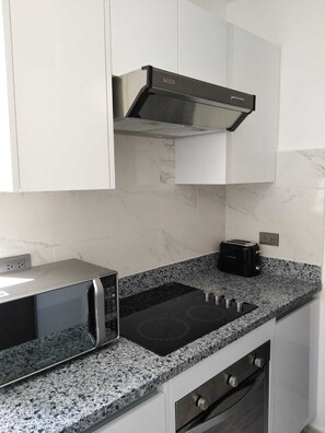 Full-size fridge, microwave, stovetop