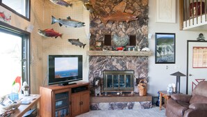 A living room with a stone fireplace, mounted fish, a television, and a leather sofa.