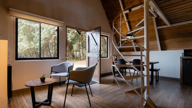 Un interior moderno con techo de madera, ventanas amplias, una escalera y una zona de comedor.