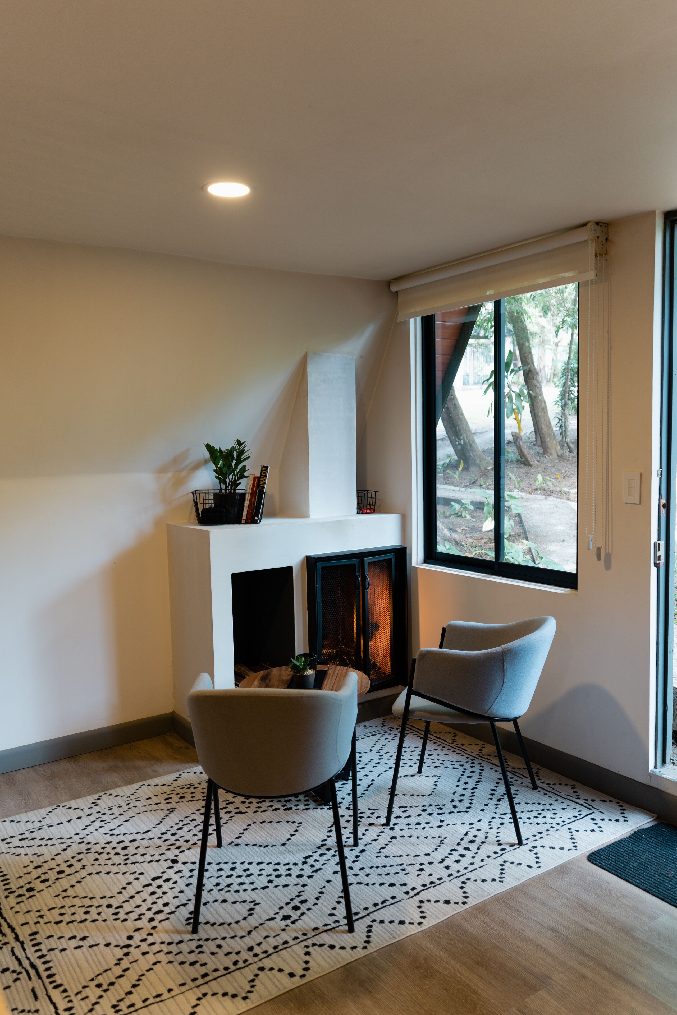 A modern living room with a fireplace, two chairs, a patterned rug, and a large window with a view of trees.