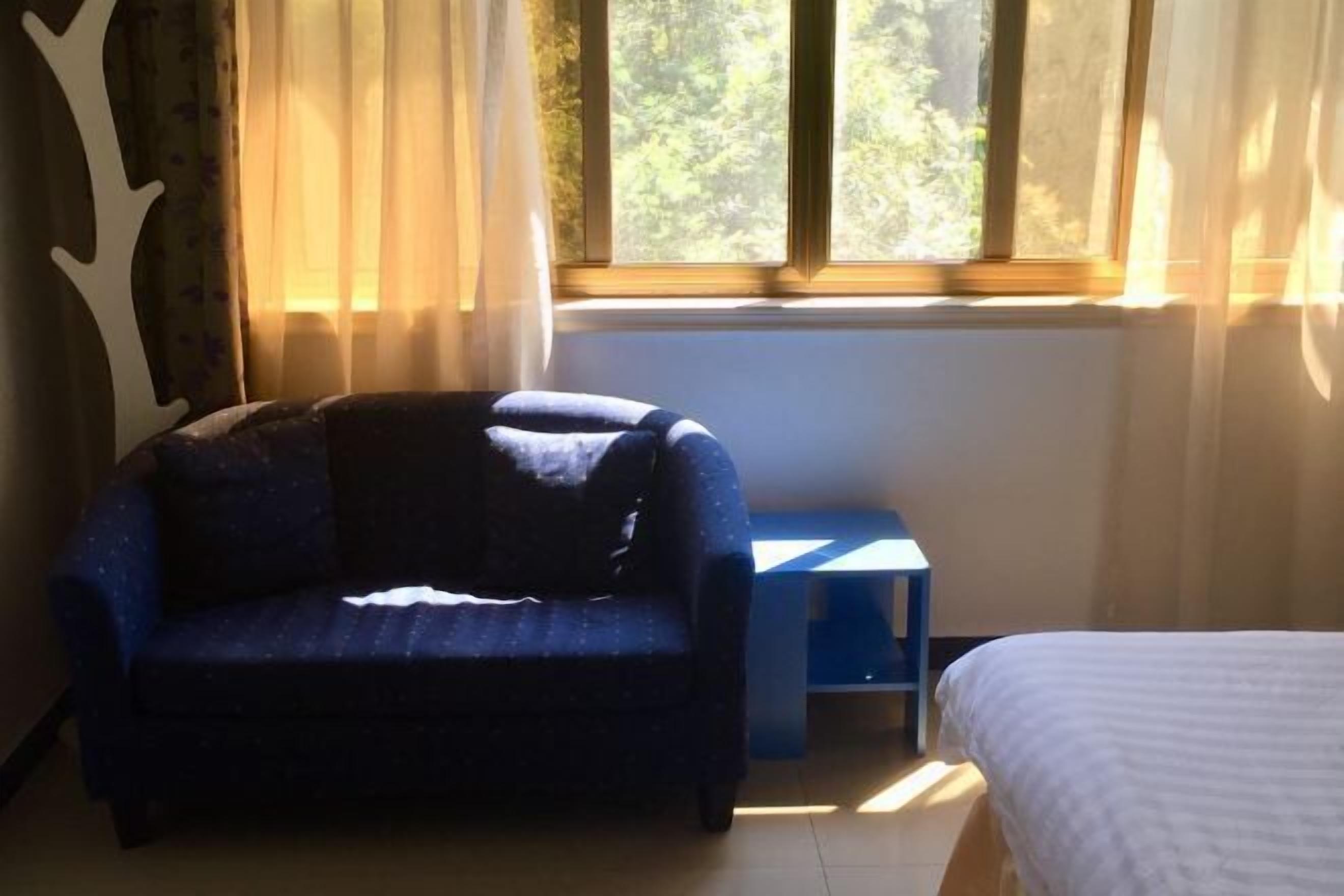 Um quarto com sofá, uma mesinha, uma cama e uma janela com cortinas.