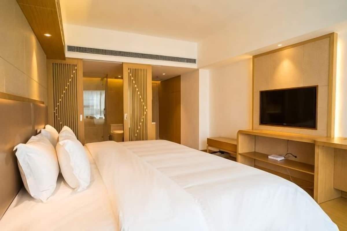 Una habitación de hotel con una cama grande, televisión y espejo.