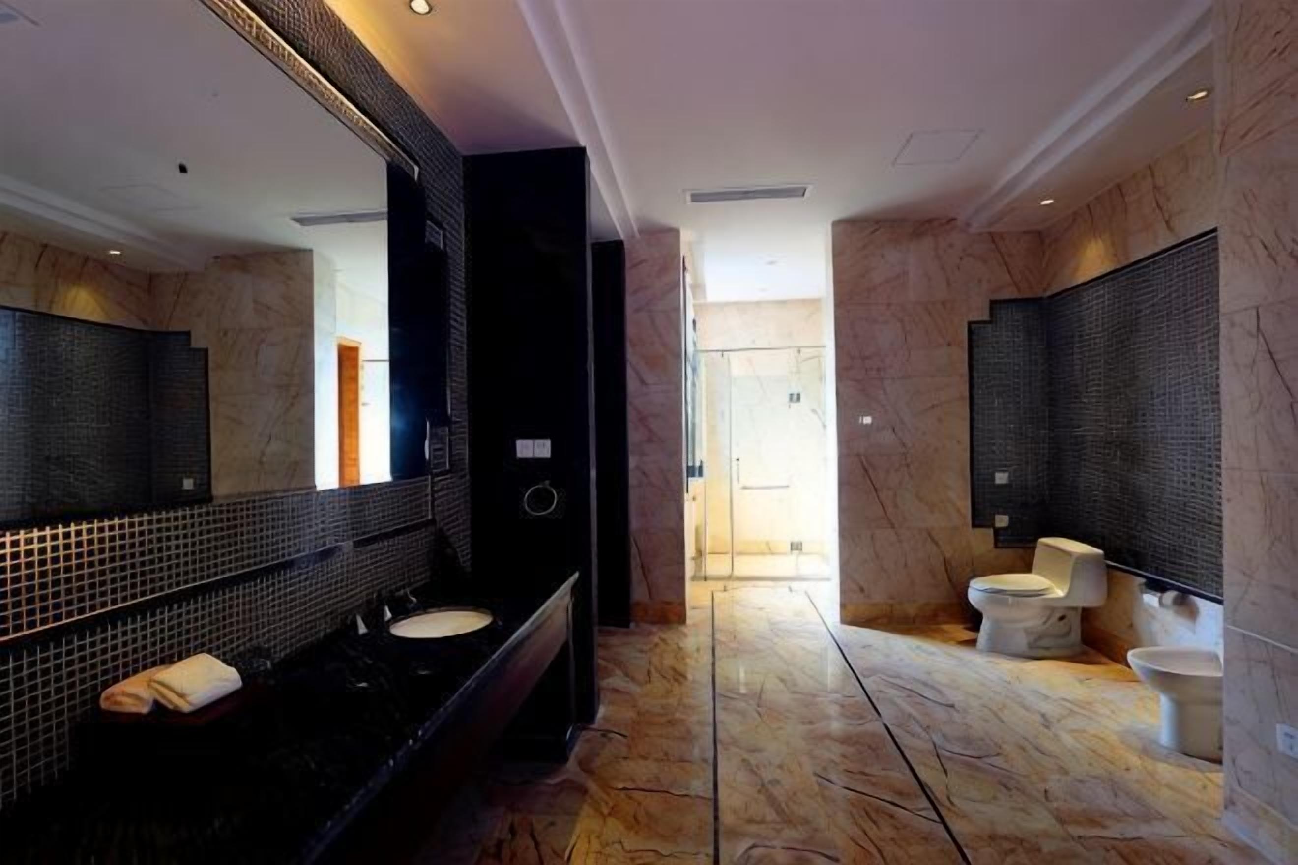 A modern bathroom with a large mirror, two sinks, and a toilet.