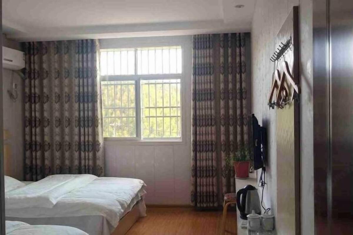A bedroom with two beds, a window with curtains, a potted plant, a kettle, and a coat rack.