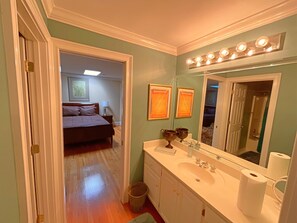 Jetted bath, hair dryer, towels, soap