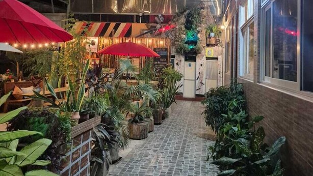 Un jardin intérieur avec un chemin pavé de pierres, des plantes en pot et des parasols rouges.