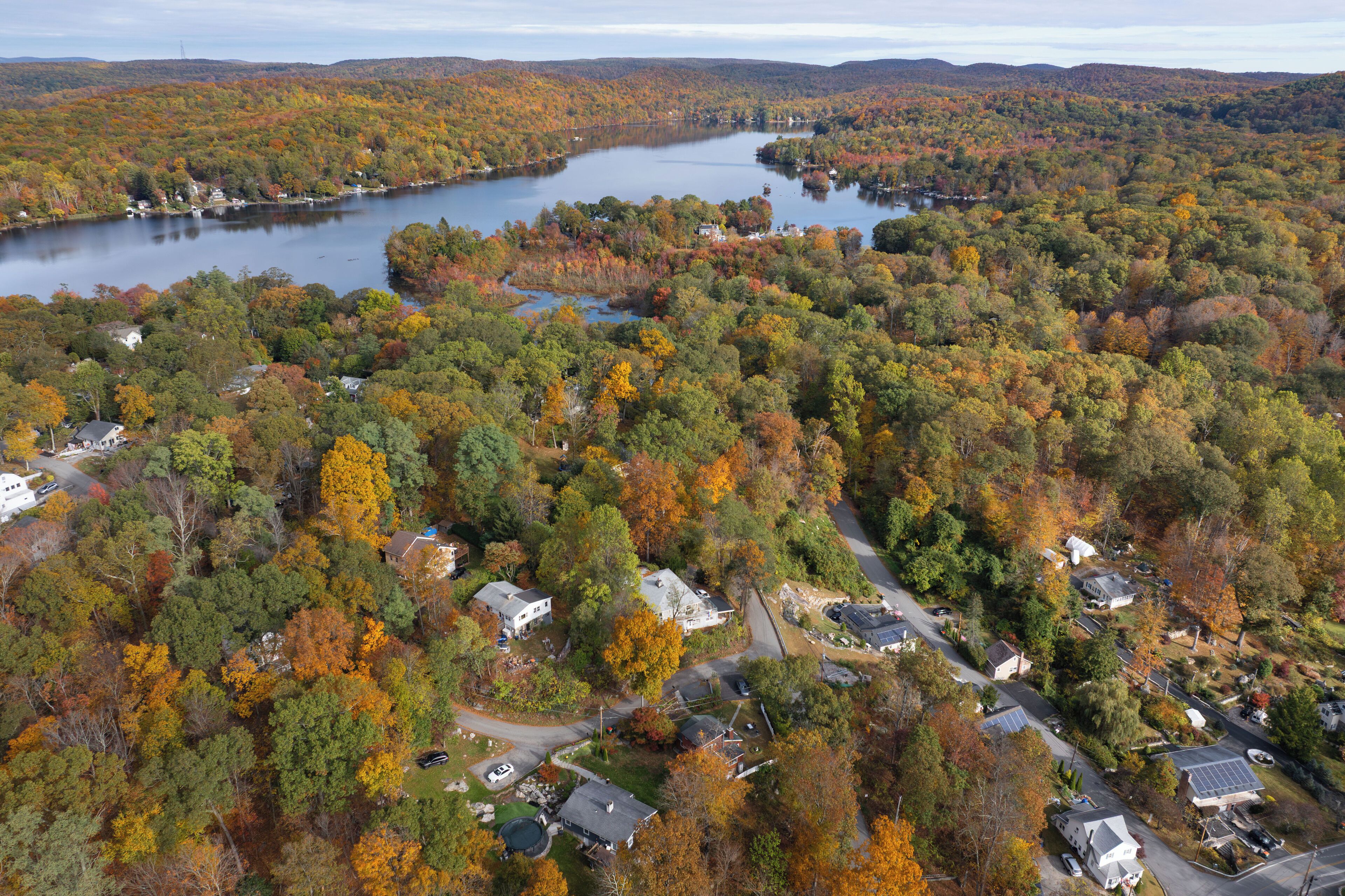 Vue aérienne d’un quartier résidentiel, avec des maisons entourées d’un feuillage automnal dense et un lac.
