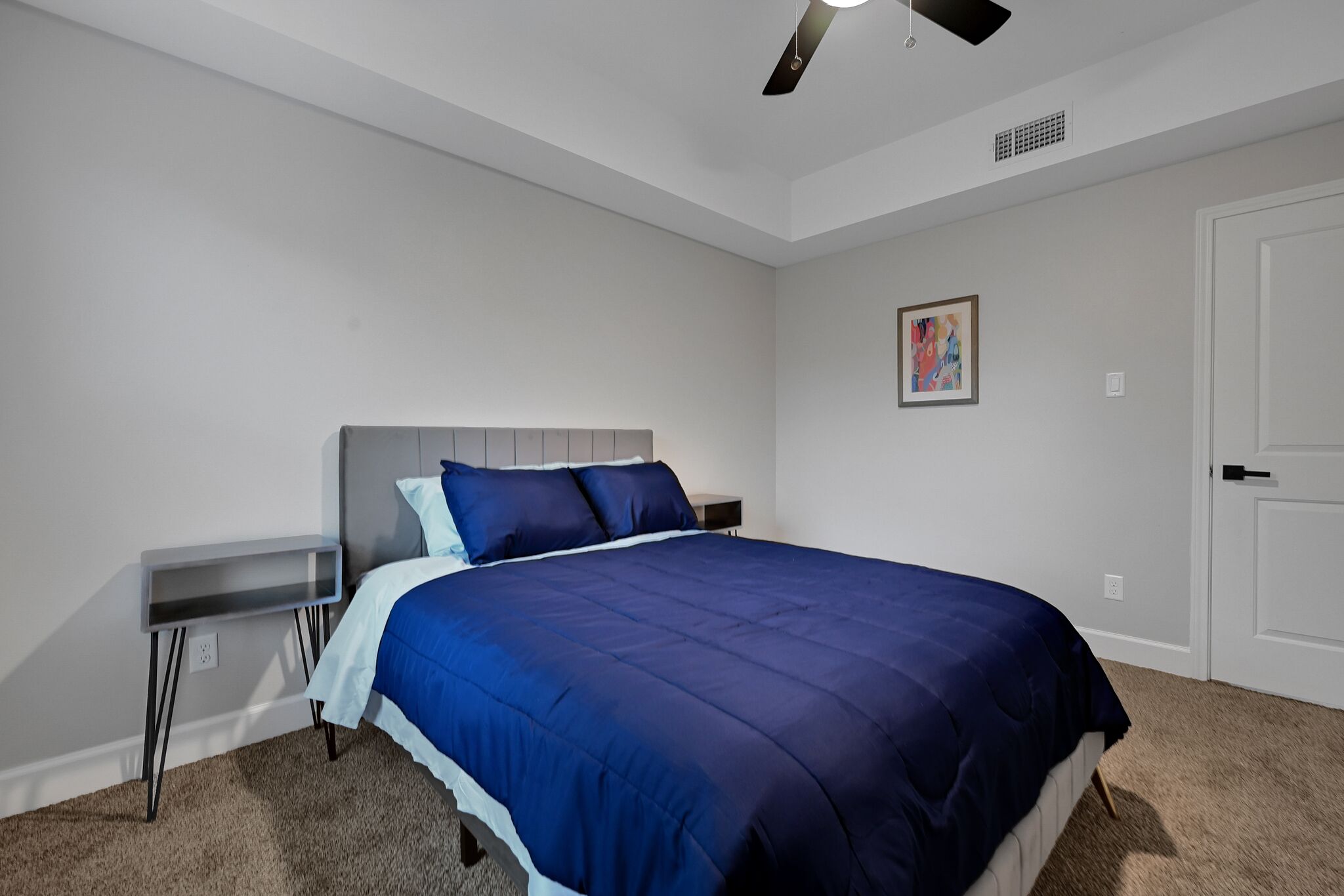 A bedroom with a bed, a bedside table, a nightstand, a ceiling fan, a door, and a wall-mounted artwork.